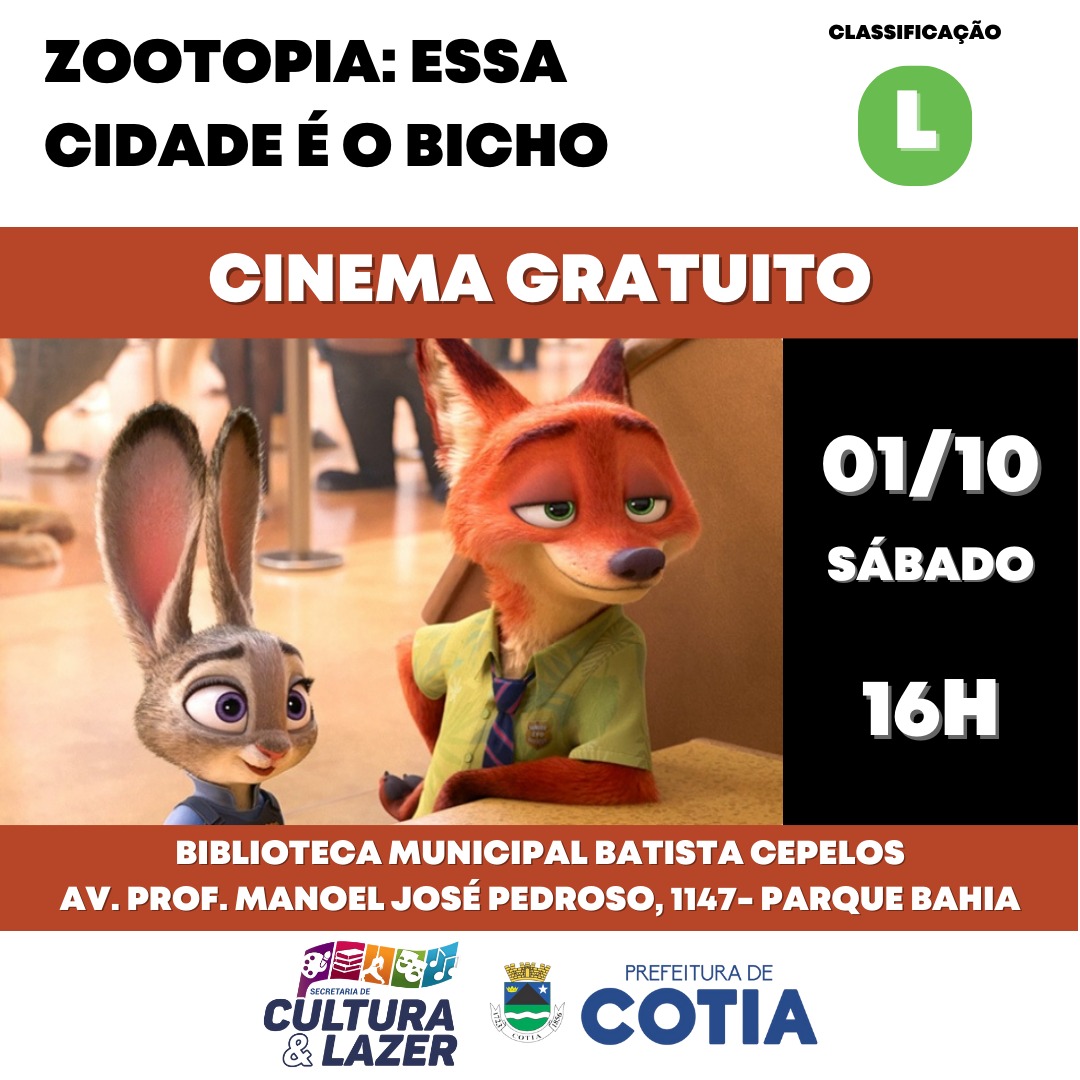 Sábado (1º/10) tem sessão de cinema com o filme Zootopia: essa cidade é o bicho