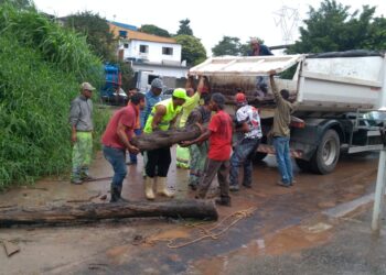 Equipe de Obras desobstrui tubulação da saída de piscinão